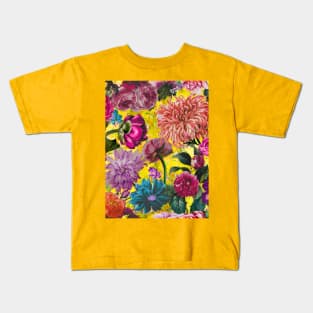 vintage flowers and leaves pattern, botanical pattern, floral illustration, yellow vintage floral over a Kids T-Shirt